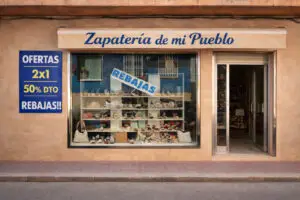 Escaparate de una zapatería de barrio en España, comercio local sin tienda online