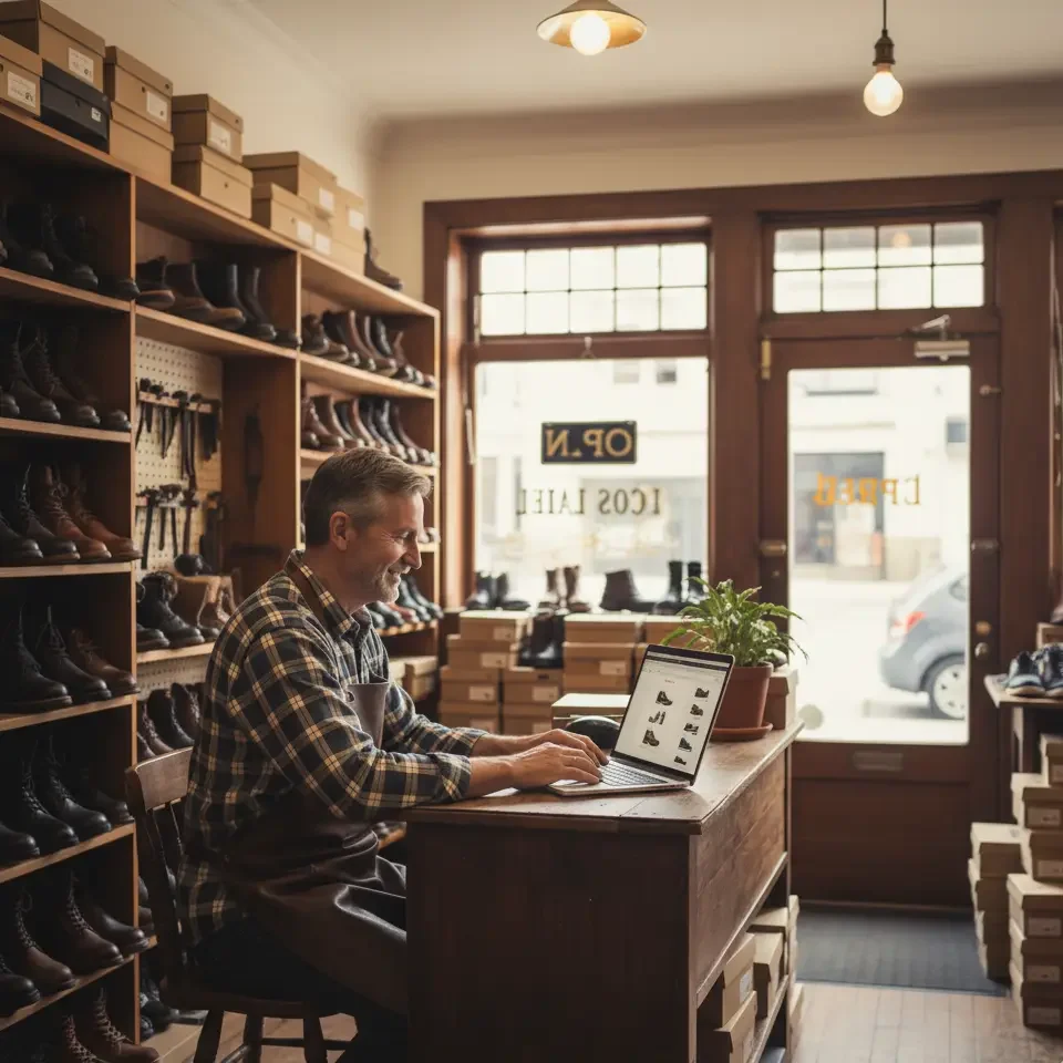 comerciante gestionando su tienda online desde un negocio local